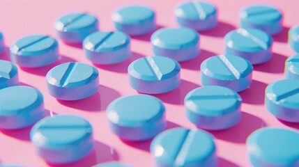 Blue pills on pink surface for advertising