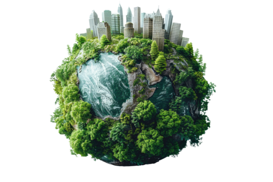 Green Cityscape Earth: A miniature world thrives with lush greenery, a bustling city nestled within its vibrant ecosystem, showcasing urban harmony with nature. 