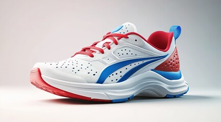 White running shoe with red and blue accents on light background