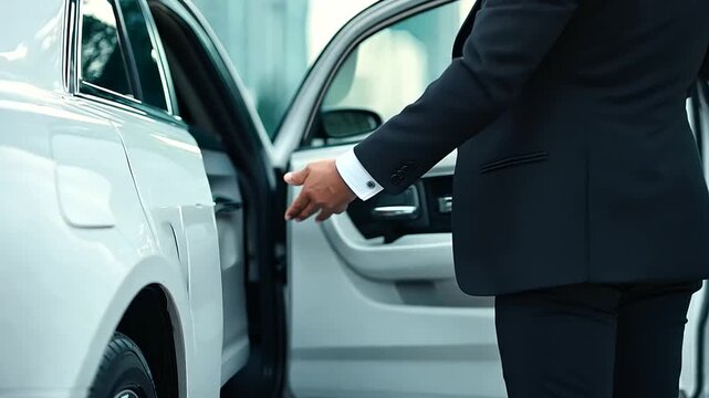 Personal Chauffeur in Elegant Suit Opening Door of Luxurious White Limousine - VIP Transport and Business Travel Service for Rich Clients