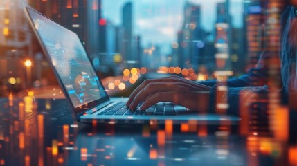 Person Typing on Laptop with Abstract Digital Data Overlay in Modern Urban Setting at Night
