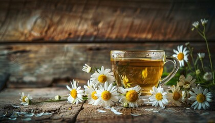 Chamomile tea still life  rustic background with daisies, herbal and natural themes