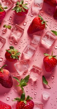 Strawberries and ice cubes floating in pink water with leaves alongside it, professional product photography in a advertisement setting