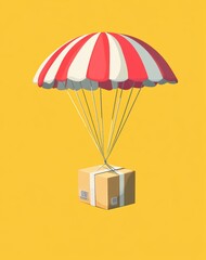 A isometric package being lowered down in the style of parachute, simple vector style, bright yellow background, red and white striped parachute, cardboard box with label on it, cartoonish style,