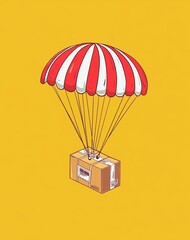 A isometric package being lowered down in the style of parachute, simple vector style, bright yellow background, red and white striped parachute, cardboard box with label on it, cartoonish style,