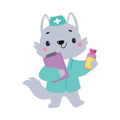 Bunny Animal Work in Ambulance and Hospital Hold Clipboard Vector Illustration