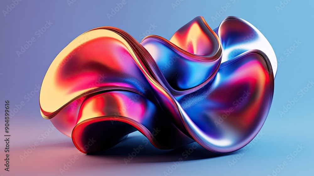 Poster abstract 3d fluid shapes with metallic textures and gradient colors.