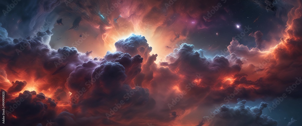 Poster cosmic clouds illuminated by celestial light in vast universe