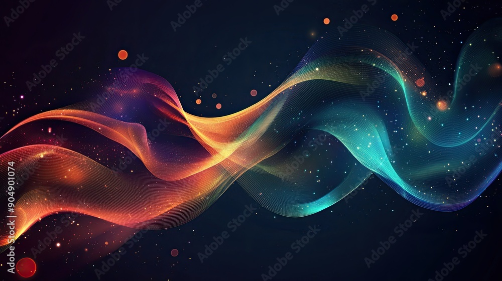 Poster abstract flowing lines with glowing light effects on a dark backdrop.