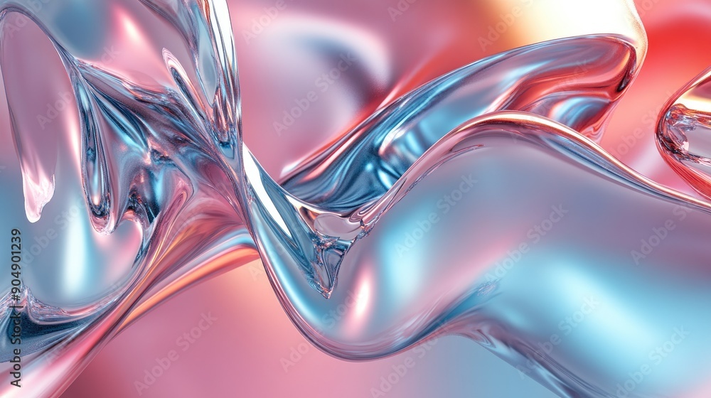 Poster abstract fluid shapes in 3d with metallic textures and gradient hues.
