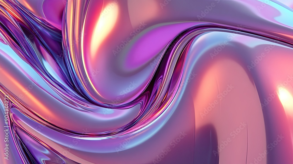 Poster abstract fluid shapes in 3d with metallic textures and gradient hues.