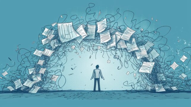 A person stands overwhelmed by swirling papers and chaotic lines, symbolizing confusion and information overload in a digital age.