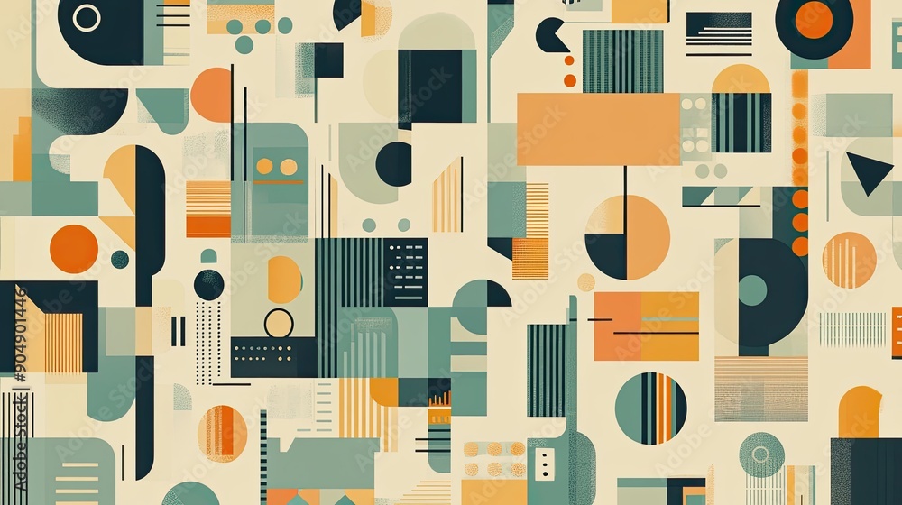 Poster abstract geometric pattern with business icons in soft colors, representing modern design.