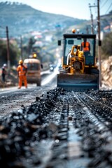 Road Construction with Heavy Machinery and Workers in Safety Gear on a Sunny Day