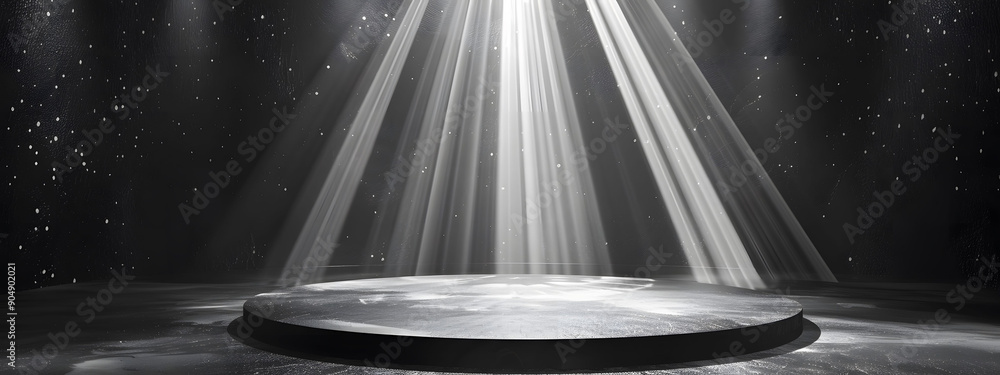 Poster 3d render of a silver background with a round podium and glowing light rays. the abstract design fea