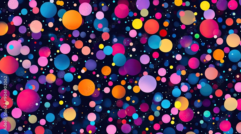 Poster abstract pattern of bright dots in different sizes and colors.