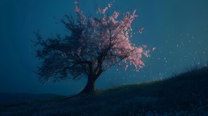 A cherry tree in full bloom on the hill at night, noctilucent glowing