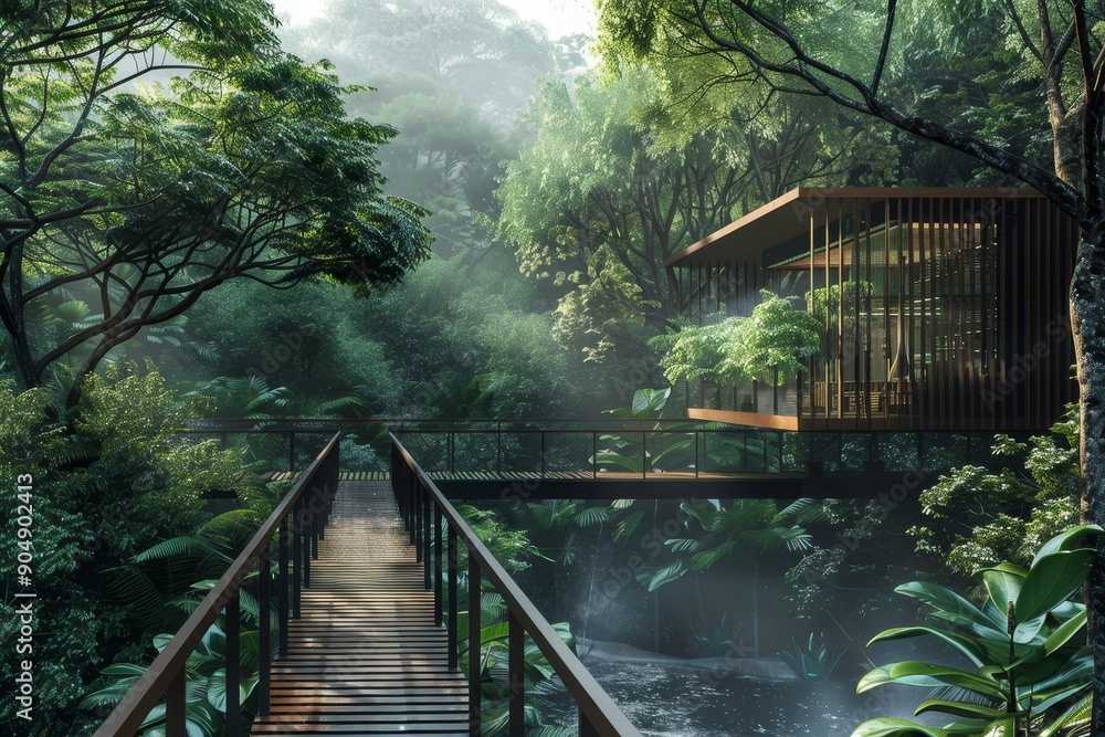 Poster jungle walkway leading through lush greenery, fuse elements of nature into your architecture to crea