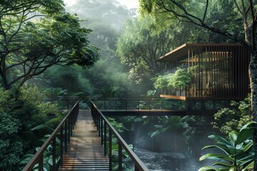 Jungle Walkway Leading Through Lush Greenery, Fuse elements of nature into your architecture to create a harmonious connection with the environment