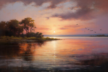 Obraz premium Beautiful landscape with forest and river at sunset. Oil painting.