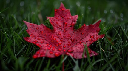 A vibrant red maple leaf, adorned with glistening dew droplets, rests on a bed of lush green grass.