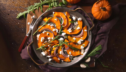 kürbis, ofen, backblech, blech, scheiben, essen, neu, feta, close up, vegan, herbst, herrbstlich, mahl, frisch, cheese, gemüse, gesund, holz, rustikal, natürlich, ad, copy space, Kochbuch, 3d, bunt, 