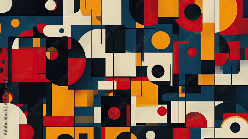 Poster abstract pattern of geometric shapes in different sizes and colors.