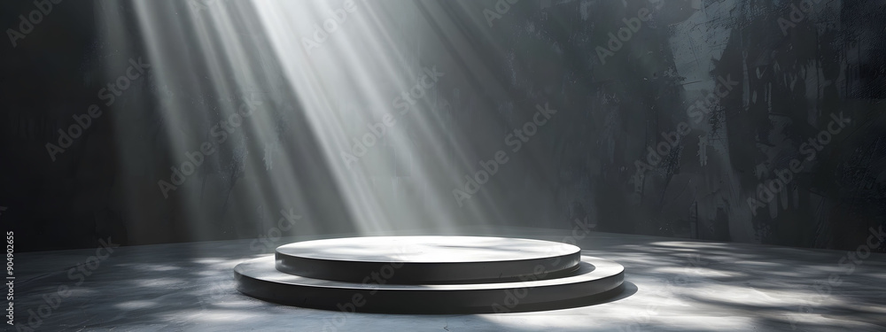 Poster 3d render of a silver background with a round podium and glowing light rays. the abstract design fea