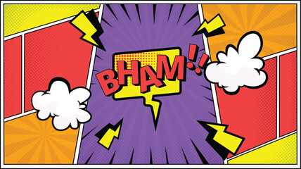 colorful pop art comic background illustration with bubble text bham!