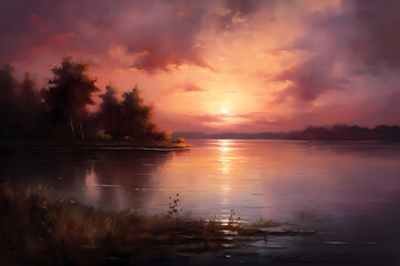 Obraz premium Beautiful landscape with forest and river at sunset. Oil painting.