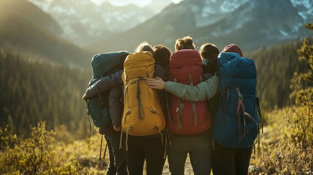 Hikers celebrating with a group hug