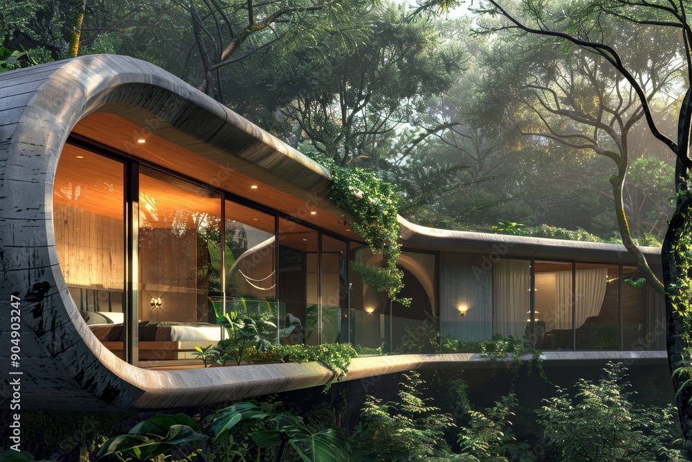 Poster a modern, high-tech house stands surrounded by dense jungle foliage, fuse elements of nature into yo