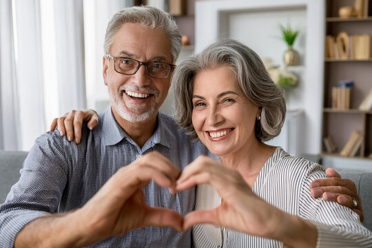 portrait man woman grey hair happy sincere love of middle aged elderly retired family couple making heart gesture with finger hand