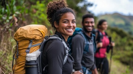 Fototapeta premium Hikers with backpacks smiling on a trail