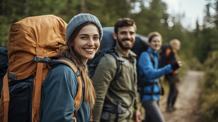 Fototapeta premium Hikers with backpacks smiling on a trail