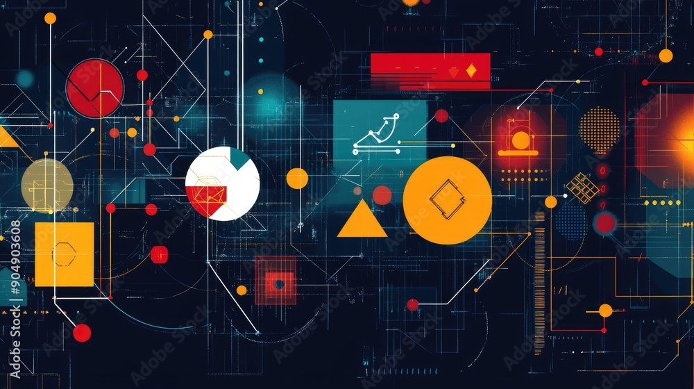 Poster artistic geometric pattern with business symbols, emphasizing abstract business concepts.