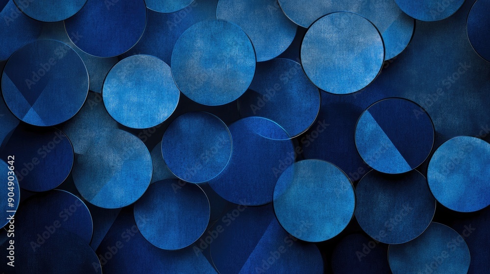 Poster blue geometric circles creating an overlapping abstract pattern on a dark backdrop.