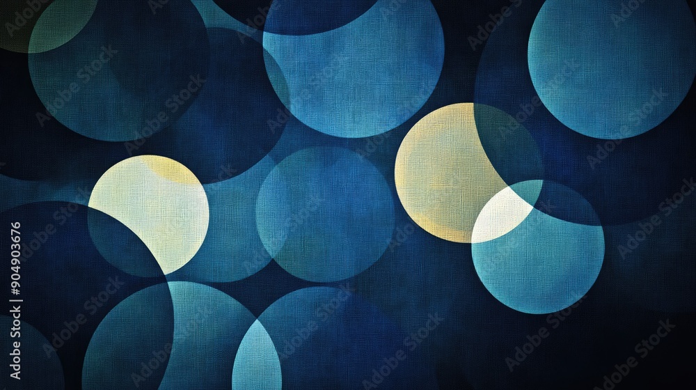 Poster blue geometric circles creating an overlapping abstract pattern on a dark backdrop.