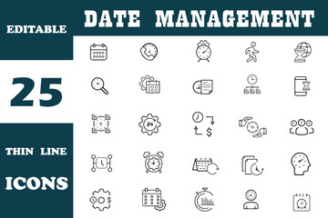Date Management Thin Line Editable Icons set. Time and Date management related icons: calendar, planning, schedule, time, clock and more. in line icons. Editable stroke. Vector illustration