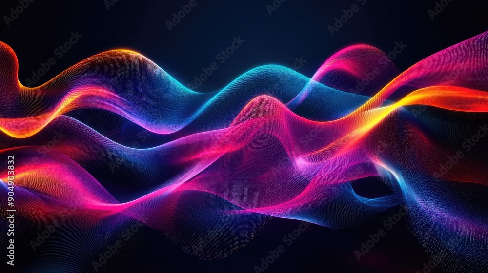 Poster bright 3d waveforms on a dark background, forming a colorful abstract pattern.
