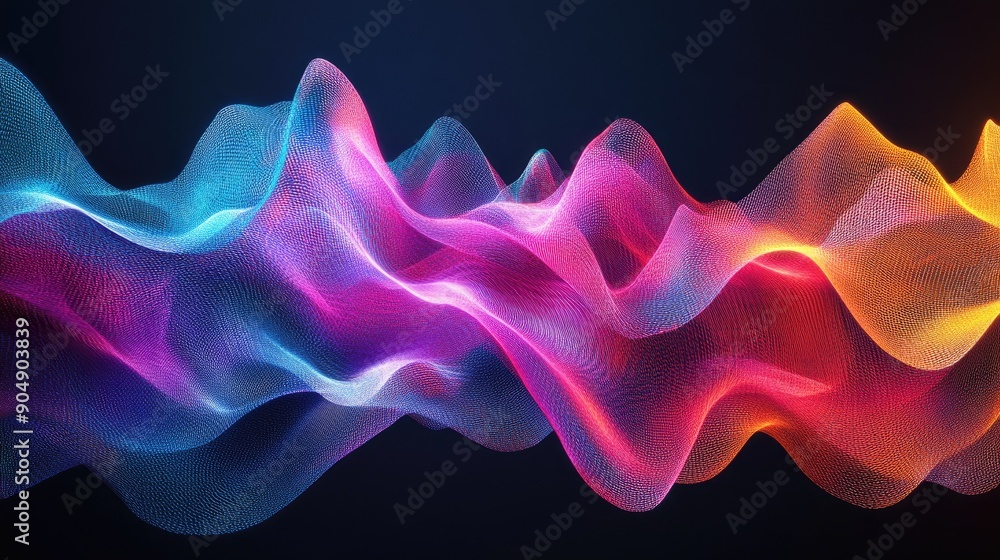 Poster bright 3d waveforms on a dark background, forming a colorful abstract pattern.