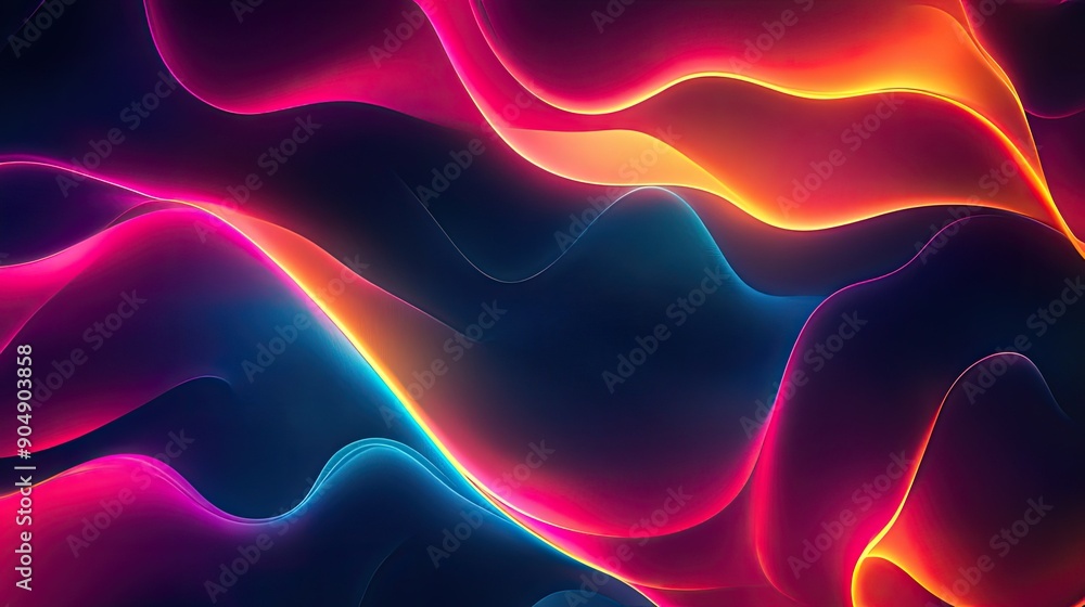 Poster bright, abstract shapes with light accents, creating a vibrant pattern on a dark background.