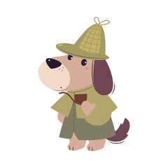 Dog Animal Detective Character with Smoking Pipe Investigating and Search for Evidence Vector Illustration