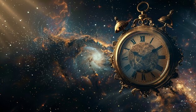 Time concept  clock floating in space, artistic photography shot for futuristic interpretation