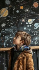Obraz premium A student looking at blackboard with space drawing on it