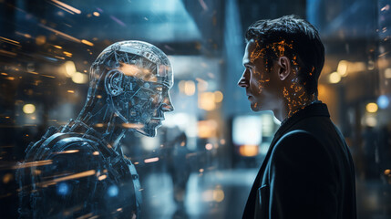 Man using AI technology, machine learning and artificial intelligence technology, data analytics and engineering, innovation futuristic background.