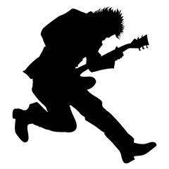 Silhouette image of an electric guitar player on a transparent background, suitable for tattoos, logos, icons, stickers, advertising