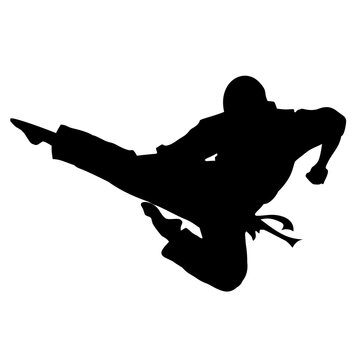 Silhouette of a taekwondo athlete performing the Twieo Ap Chagi kick or flying kick on a white background