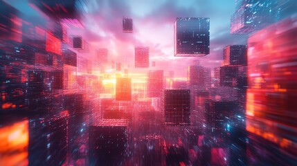 Obraz premium A Futuristic Sci-Fi City: Floating Cubes Amidst a Digital Metropolis at Sunset