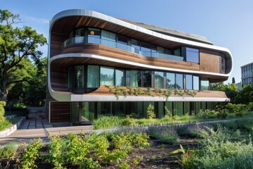 Modern House With Curved Design, Fuse technology and sustainability in a cutting-edge architectural design that pushes the boundaries of green building practices